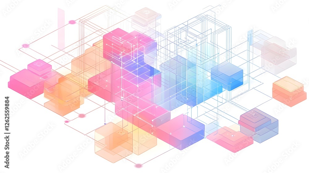 Poster a colorful, abstract cityscape with many buildings and a network of lines connecting them. concept o
