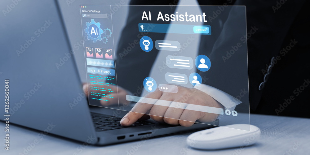 Poster Person using laptop with Ai Content Generator. Interaction with the Ai assistant to solve some tasks more easily. Image generator, documents, marketing and advertising, bot writing and coding.	