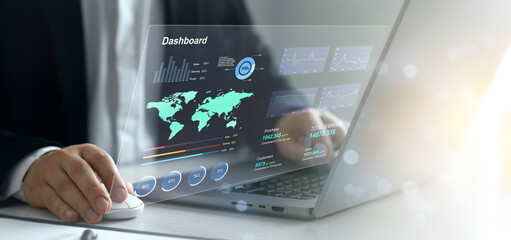 Businessman using KPI dashboard.Financial business data analytics graph dashboard. Management data System KPI connected in database for follow earnings,operations and sales data.	