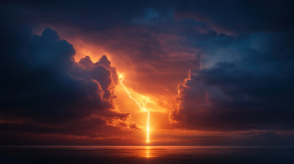 Obraz premium dramatic landscape featuring striking lightning bolt illuminating sky at sunset, with dark clouds reflecting vibrant orange hues over calm sea