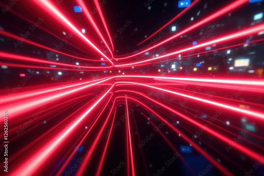 Poster streaks of vibrant red light in a dark digital space: an abstract visualization of movement and tech