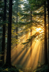 Obraz premium Sunlight through forest, misty air, golden light, tall trees, and natural atmosphere.