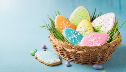 Fototapeta premium Easter greeting card with glazed cookies and colorful easter eggs in basket . With copy space