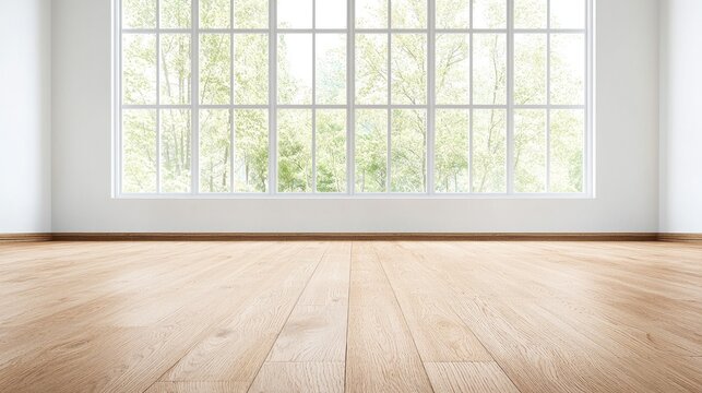 Bright empty room featuring light wooden parquet floor and a large window overlooking green trees in daytime.