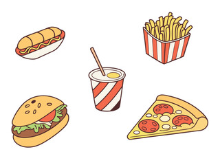 Fast food 3d realistic render vector icon set. Pizza, taco, hamburger, ramen noodle soup, hot dog, fries potatoes
