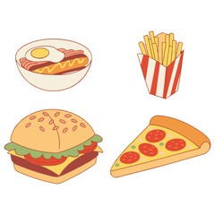 Fast food 3d realistic render vector icon set. Pizza, taco, hamburger, ramen noodle soup, hot dog, fries potatoes
