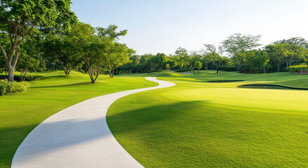 long winding concrete path leads through lush green golf course, surrounded by trees and vibrant grass, creating serene and inviting atmosphere