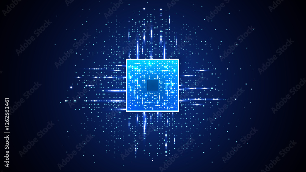 Poster AI chip on digital technology blue background. Semiconductor on circuit board with light wires. Abstract digital vector illustration. CPU and quantum core. Artificial Intelligence concept on tech bg.
