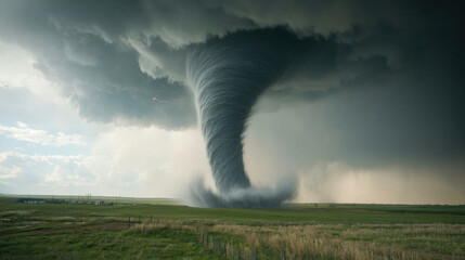 massive tornado spiraling through rural landscape, showcasing power of nature with dark clouds and dramatic sky. scene evokes awe and fear