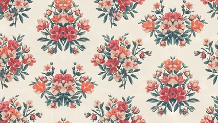 A soft and elegant floral pattern with tiny, hand-drawn-style red and orange flowers scattered on a clean white surface