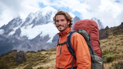 Naklejka premium Adventurous Hiker Poses Against Majestic Mountains