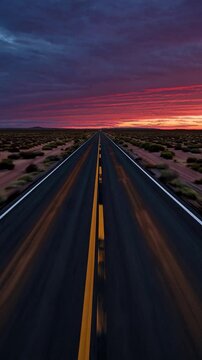 An empty road fading into a flat desert plain under a vibrant sunset, serene and infinite vibe endless spirit. Endless energy, limitless vibe, timeless vibe, eternal energy. Vertical video backgrounds