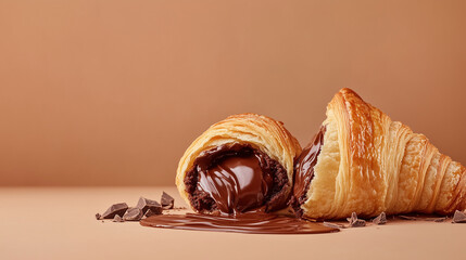 A croissant with a fluffy chocolate filling cut in half to show off the melted chocolate.