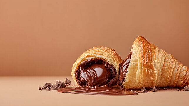 A croissant with a fluffy chocolate filling cut in half to show off the melted chocolate. - Powered by Adobe