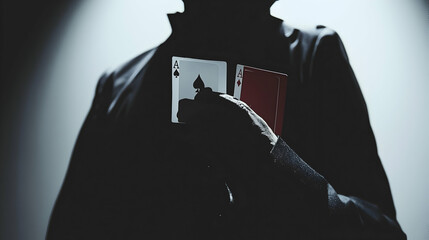 Mysterious figure concealing playing cards, dramatic lighting, studio background; ideal for gambling, mystery, or illusion themes