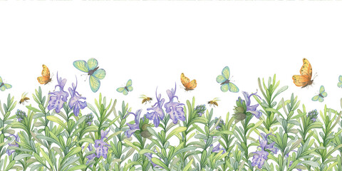 Seamless watercolor border with blooming rosemary, butterflies and bees
