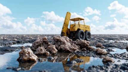 Small digger in muddy field, under blue sky.  Construction site background, ideal for industry