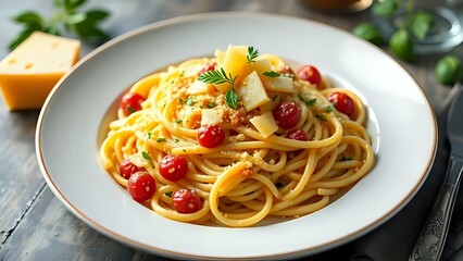 image en gros plan de spaghettis cuisin&eacute;es avec des tomates et du parmesan et dispos&eacute;es dans une assiette