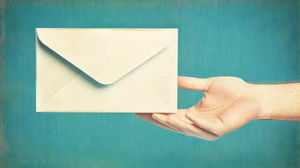 Fototapeta premium Hand offering white envelope, teal background, communication concept, for websites or marketing