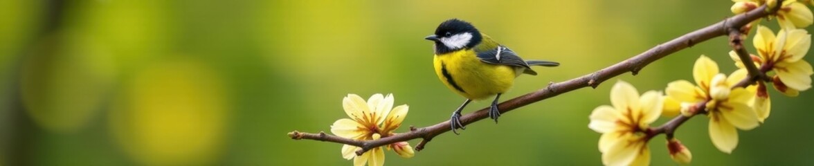 Fototapeta premium Bright yellow great tit on a flowering branch , bird, nature, green