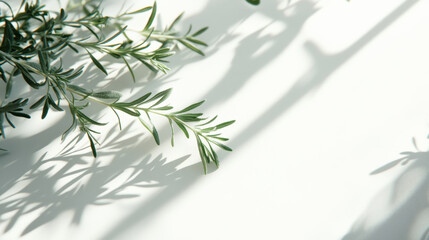 Close up of fresh green sprigs of rosemary with soft shadows on white background, creating serene and calming atmosphere