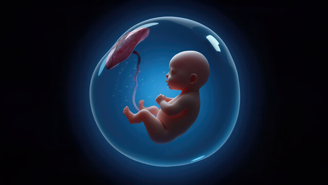 Futuristic concept of a womb containing a developing human fetus, symbolizing biotechnology, genetic engineering, and the future of reproduction.