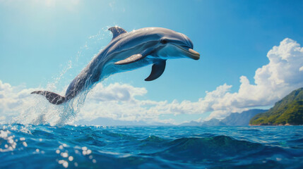 photorealistic scene of dolphin leaping out of ocean, showcasing its grace and agility against vibrant blue sky and scenic landscape