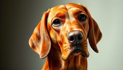 Detailed close up of a Redbone Coonhound, showing its short, sleek coat, sharp facial structure, and natural light accentuating its features