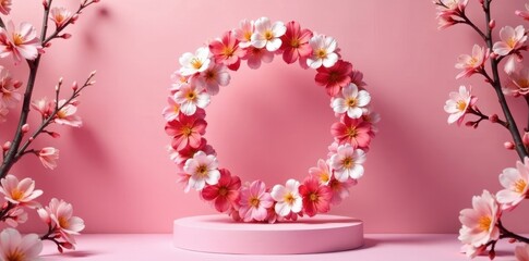 Circular floral arrangement on pink pedestal, blooming branches surround , elegant, blossom