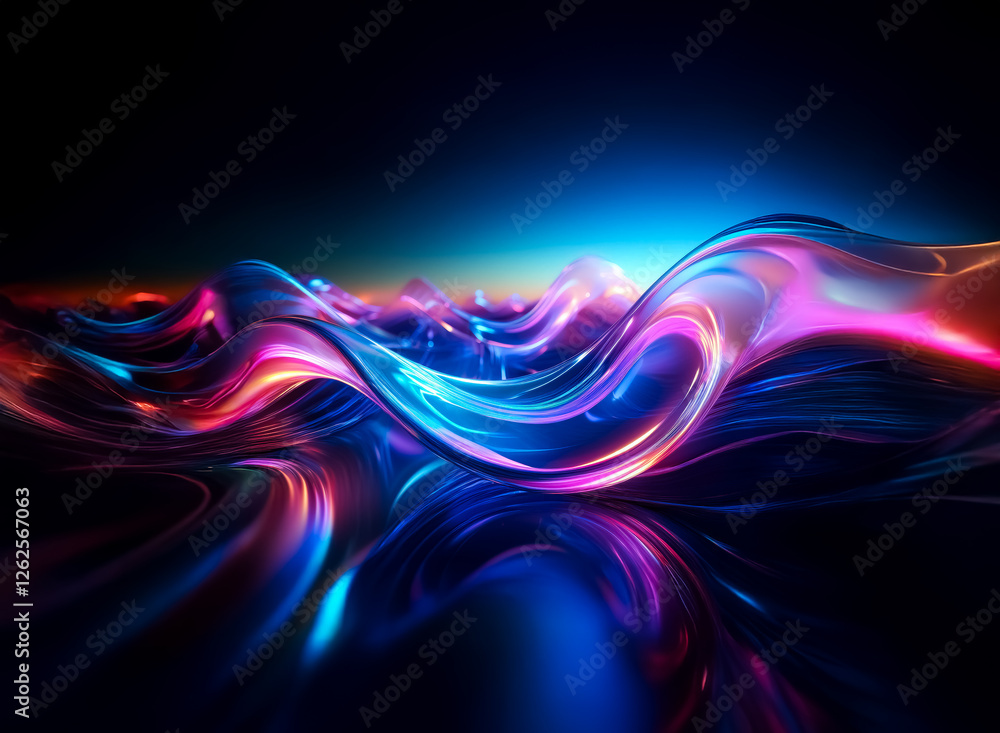 Poster vibrant waves of color cascade and ripple, illuminated with a glossy sheen against a dark, dramatic 