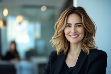 Naklejka premium A woman executive with a confident smile showcasing leadership and a clear mission in the office 