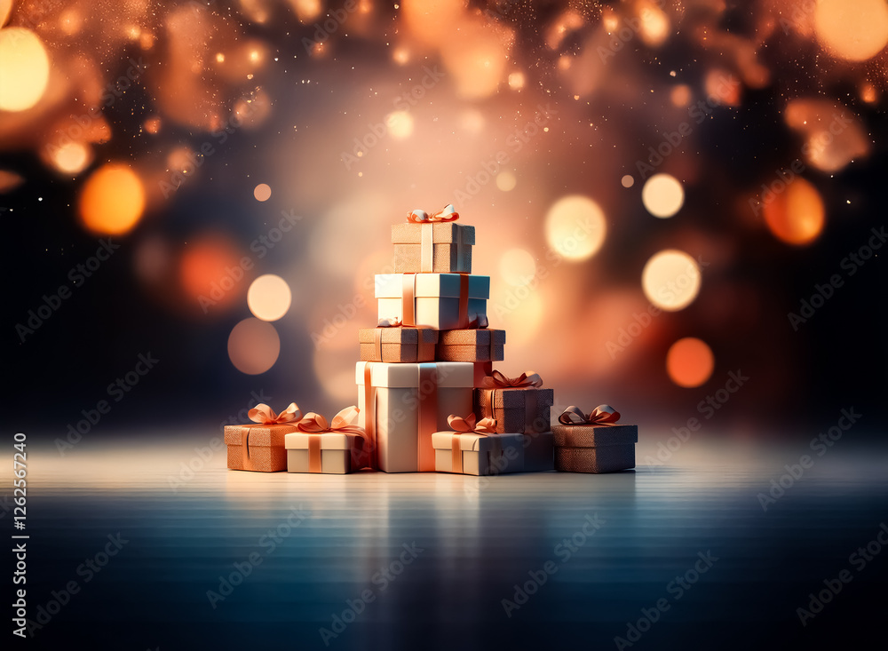 Poster a pile of gift boxes stacked on a reflective surface under bokeh lights, creating a warm, festive, a