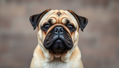 Obraz premium Pug dog portrait purebred isolated on a blurred background banner for the site. Panorama. Blurred space for text, craft clay. with white shades