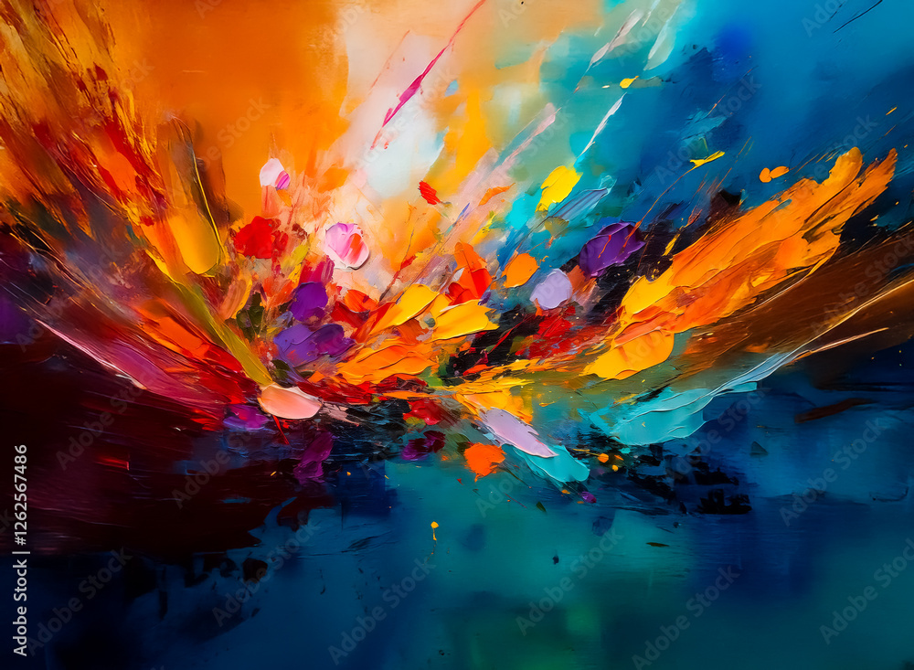 Poster vibrant abstract painting with expressive brushstrokes and bold colors. a dynamic explosion of orang