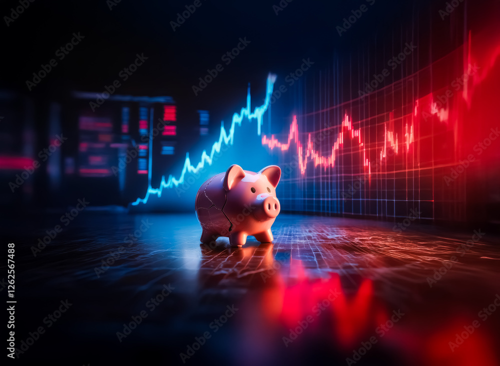 Aufkleber pink piggy bank with cracks is positioned before a dynamic stock market chart showing fluctuating re
