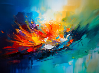 A vibrant abstract painting. Warm orange, red, yellow burst against cool blues, greens. Expressive brushstrokes, dynamic, colorful composition.