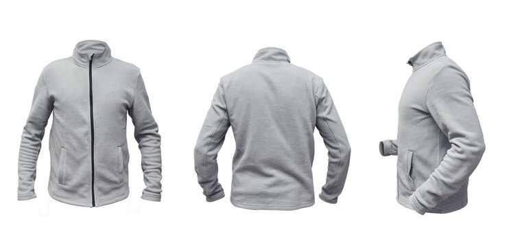Blank invisible mannequin with gray fleece jacket template for design mock up for print, isolated on white.