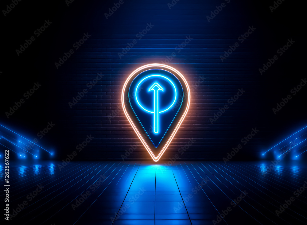 Poster neon pinpoint with an upward arrow glows orange and blue on a dark stage. blue neon accents the refl