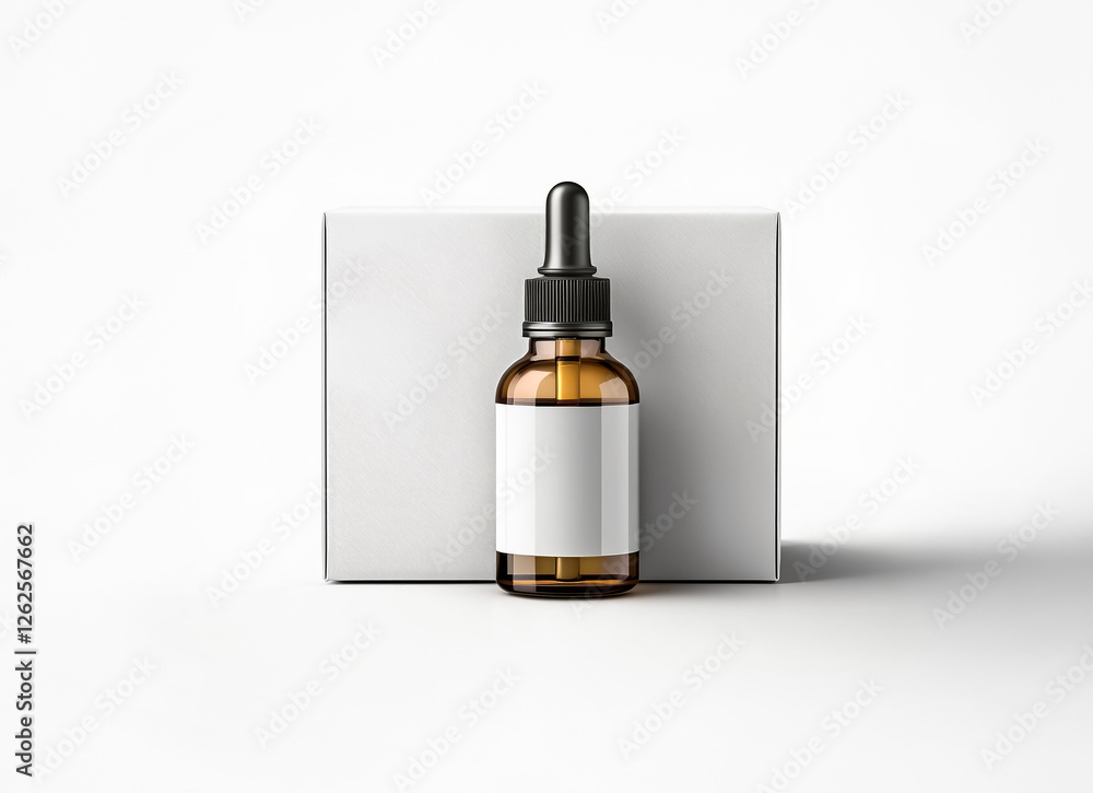 Poster A brown glass dropper bottle with a blank white label stands in front of a white box.  The simple product shot is isolated on a white background for mockup presentation.