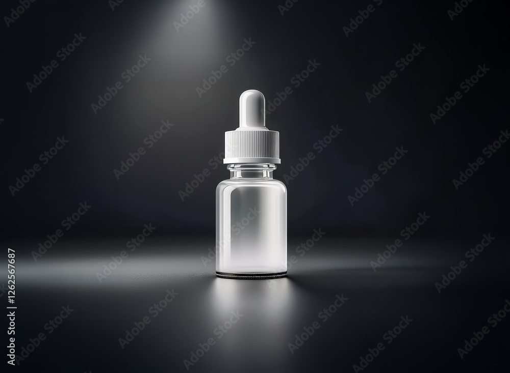 Poster Clear dropper bottle with white cap and dropper is centered on a dark surface and illuminated by a bright spotlight from above. Minimalist style.