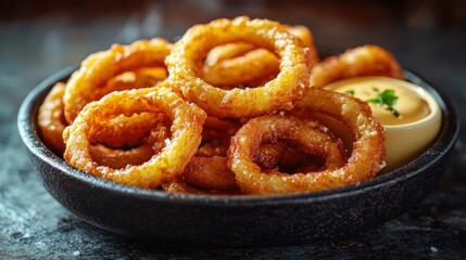 Crispy onion rings in a cast iron dish with dipping sauce, restaurant setting