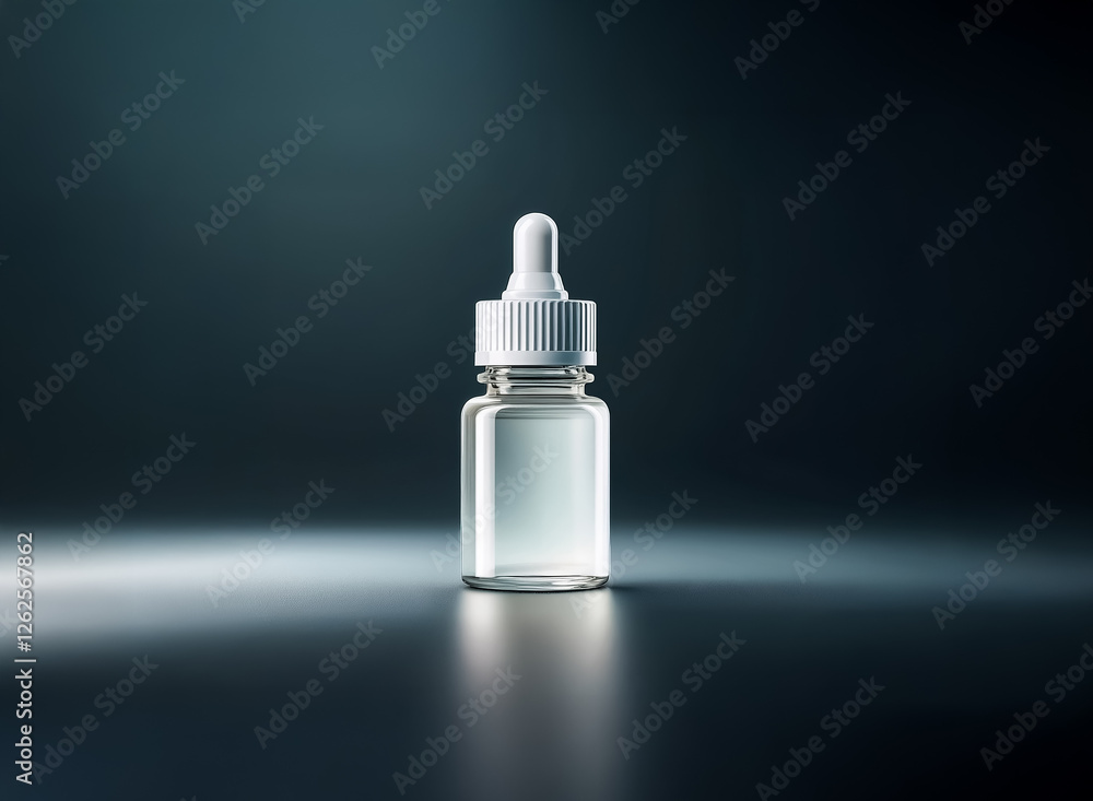 Poster A clear glass bottle with a white dropper cap stands on a dark, reflective surface. Soft light shines on the bottle in a studio setting.