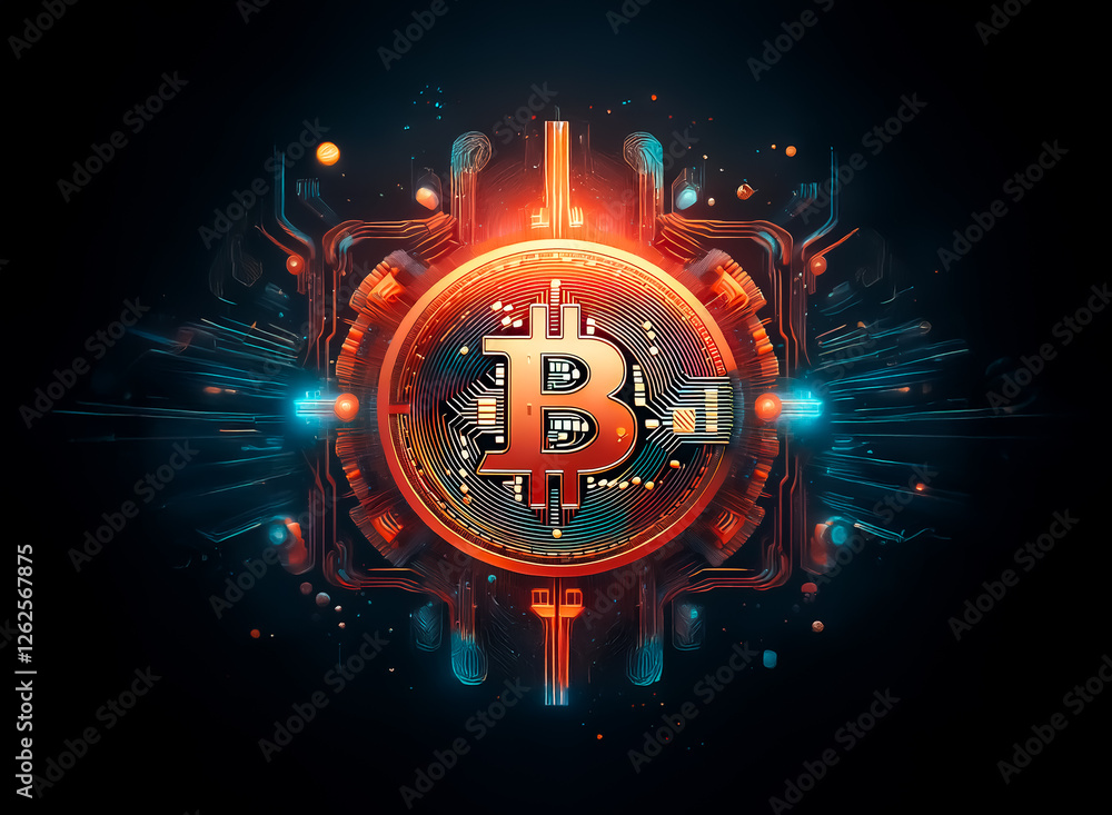 Aufkleber Vibrant Bitcoin symbol with circuit board texture, glows amidst abstract tech elements in orange and blue, set against a stark dark background.