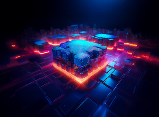 Abstract digital art: A glowing blue cube structure built from smaller cubes, emitting vibrant red and blue light in a dark, futuristic setting.