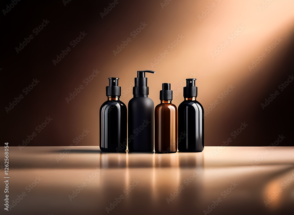 Poster Elegant bottles in amber and dark colors are displayed on a reflective surface against a gradient brown backdrop with a soft spotlight. Minimalist style.