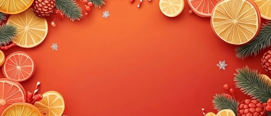 Citrus fruits in various sizes and shapes are artfully arranged around a bright orange background, complemented by pine branches and festive decorations for the holidays