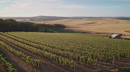Fototapeta premium Vineyard Rows, Scenic Australian Landscape, Sunrise, Farmland