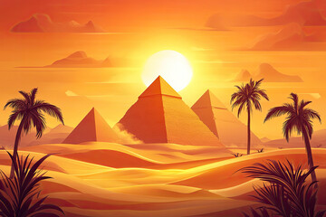 Sunset over the Egyptian Pyramids in the Sahara Desert with Palm Trees