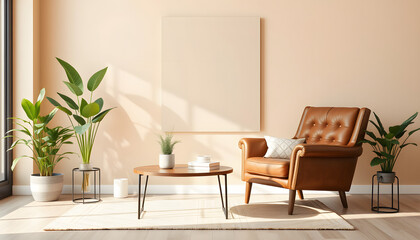 Leather armchair with coffee table and houseplants near beige wall. Banner for design, Backlit. with white shades