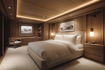Modern bedroom design with warm lighting and minimalist decor in a cozy interior space